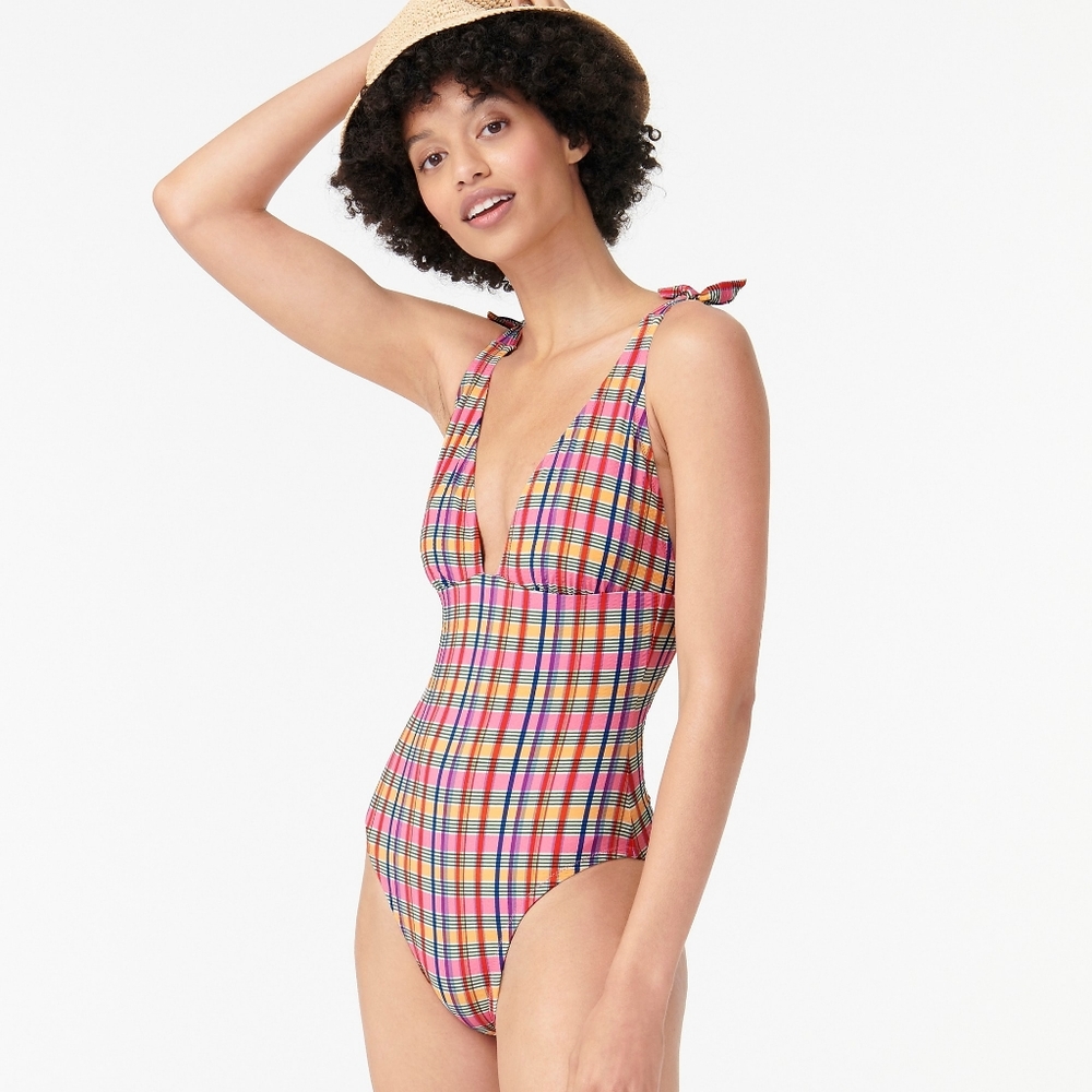 New! J. Crew sz 6 Tie-shoulder one-piece Pink Plaid Swimsuit Madras NWT - Picture 4 of 14